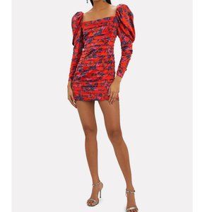 FOR LOVE & LEMONS MONEY SHIRRED RED MINI DRESS WITH FLORAL PRINT SIZE XXS